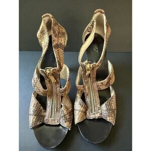 MICHAEL KORS Berkley T-Strap Sandal SIZE 9.5 Leather Cinder Snake Heel Zip Shoe